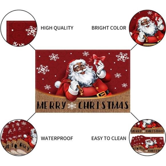 Linen African American Christmas Placemats Set of 4 Black Santa -12×18'' - Picture 2 of 4
